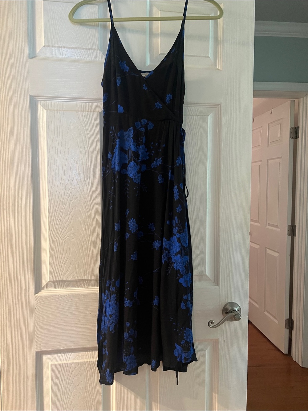 Urban Outfitters Black Slip Dress with Royal Blue Floral Print